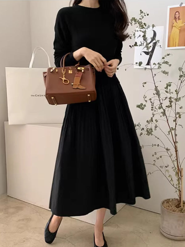 Momentlover Split-Joint Pleated Loose Long Sleeves Round-Neck Midi Dresses