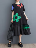 Momentlover Split-Joint Floral Printed Short Sleeves Loose Round-neck Midi Dresses