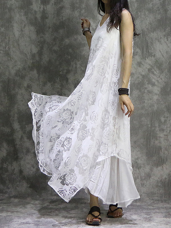 Momentlover Solid Color Flower Print Sleeveless Loose V-Neck Midi Dresses