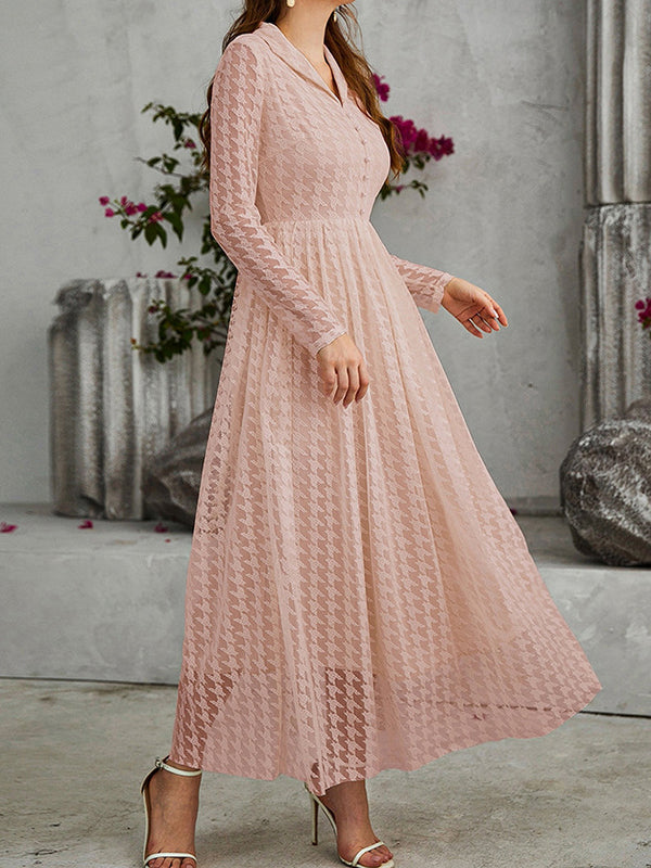 Momentlover Solid Color See-Through Gauze Buttoned Long Sleeves High Waisted V-Neck Maxi Dresses