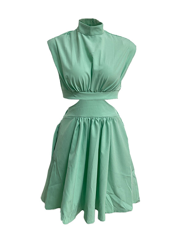 Momentlover Solid Color Pleated Belly-Hollow Skinny Stand Collar Mini Dresses