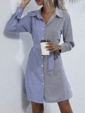 Momentlover Tied Waist Striped Split-Side Split-Joint Buttoned Loose Long Sleeves Lapel Shirt Dress Mini Dresses