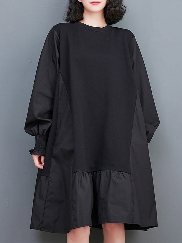 Momentlover Split-Joint Solid Color Pleated Puff Sleeves Loose Round-neck Midi Dresses