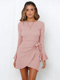 Momentlover Simple Long Sleeves Skinny Tied Falbala Solid Color Round-Neck Mini Dresses