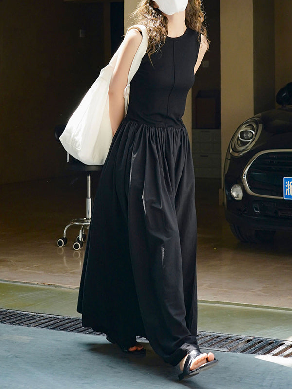 Momentlover Split-Joint Solid Color Pleated Sleeveless Loose Round-Neck Maxi Dresses