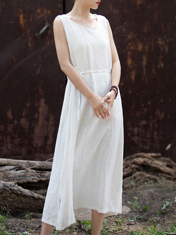 Momentlover Tied Waist Split-Joint Solid Color Drawstring Sleeveless Loose Round-Neck Midi Dresses