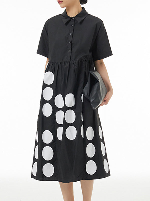 Momentlover Split-Joint Pleated Contrast Color Short Sleeves Loose Lapel Shirt Dress Midi Dresses