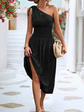 Momentlover Solid Color Sleeveless One-shoulder Midi Dresses