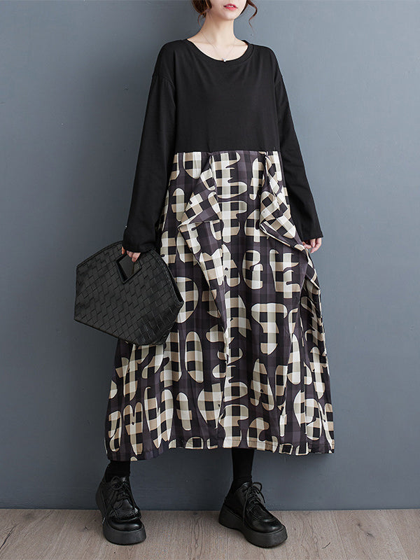 Momentlover Split-Joint Ruffled Printed Loose Long Sleeves Round-Neck Midi Dresses