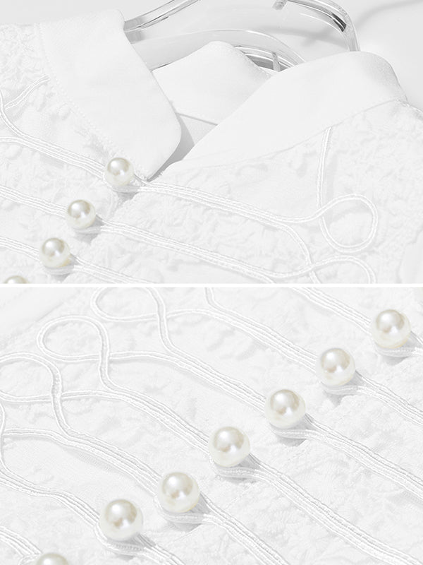 Momentlover Vacation Long Sleeves Puff Sleeves Embroidered Solid Color Stand Collar Mini Dresses