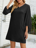 Momentlover Solid Color Three-Quarter Sleeves Puff Sleeves Round-Neck Mini Dresses