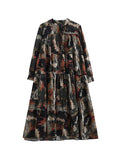 Momentlover Split-Joint Printed Pleated Loose Long Sleeves Round-Neck Midi Dresses