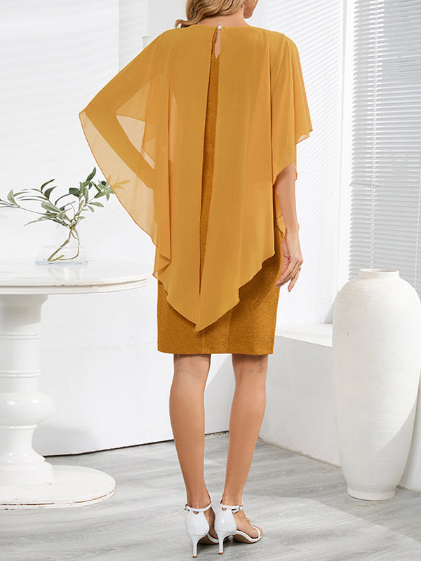 Momentlover Split-Joint Solid Color See-Through Gauze Loose Half Sleeves Mini Dresses