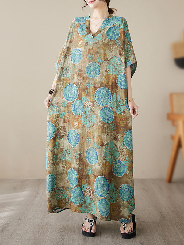 Momentlover Printed Short Sleeves Loose V-Neck Maxi Dresses