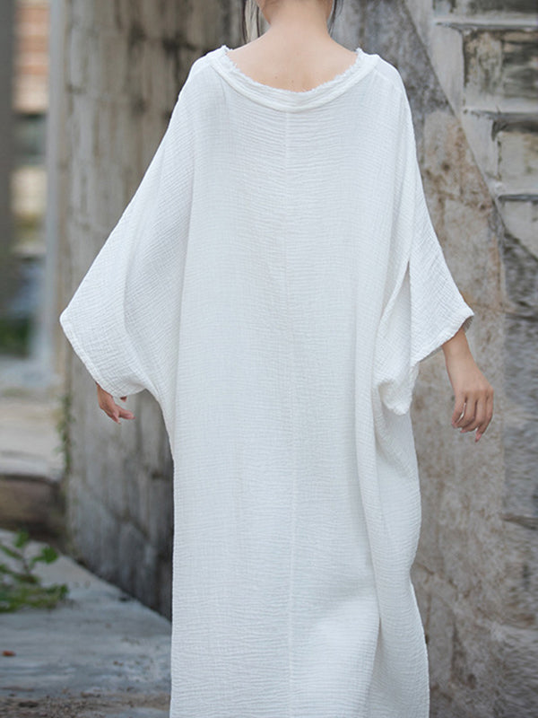 Momentlover Split-Side Solid Color Loose Long Sleeves Round-Neck Midi Dresses