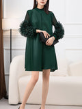 Momentlover Solid Color Pleated Embroidered Loose Long Sleeves Round-neck Midi Dresses