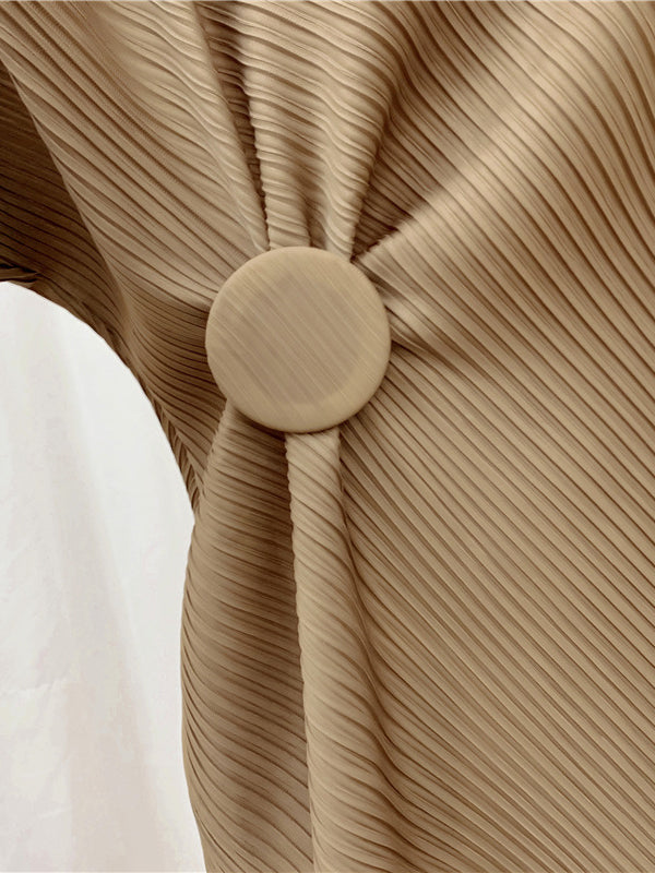 Momentlover Solid Color Pleated Loose Irregular Clipping Round-Neck Midi Dresses