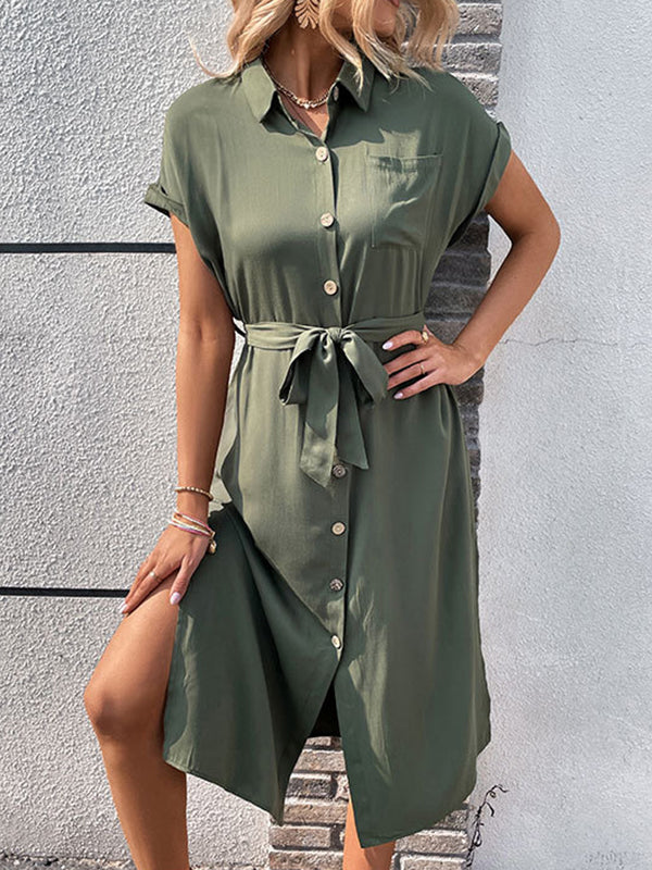 Momentlover Solid Color Ribbed Short Sleeves Loose Lapel Midi Dresses