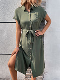 Momentlover Solid Color Ribbed Short Sleeves Loose Lapel Midi Dresses
