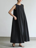 Momentlover Solid Color Sleeveless Loose Round-Neck Midi Dresses