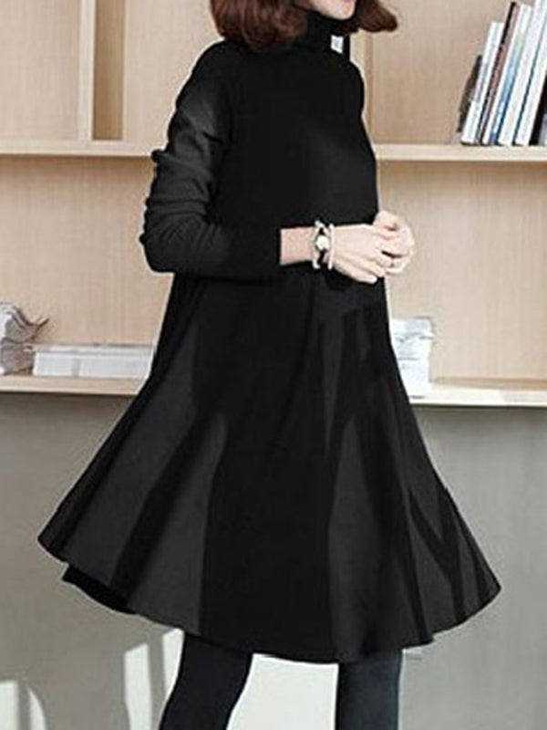 Momentlover Solid Color Loose Long Sleeves High Neck Midi Dresses