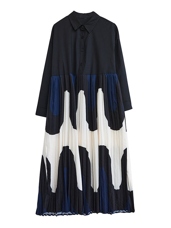 Momentlover Split-Joint Printing Pleated Contrast Color Loose Long Sleeves Polo Midi Dresses