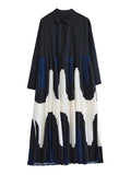 Momentlover Split-Joint Printing Pleated Contrast Color Loose Long Sleeves Polo Midi Dresses