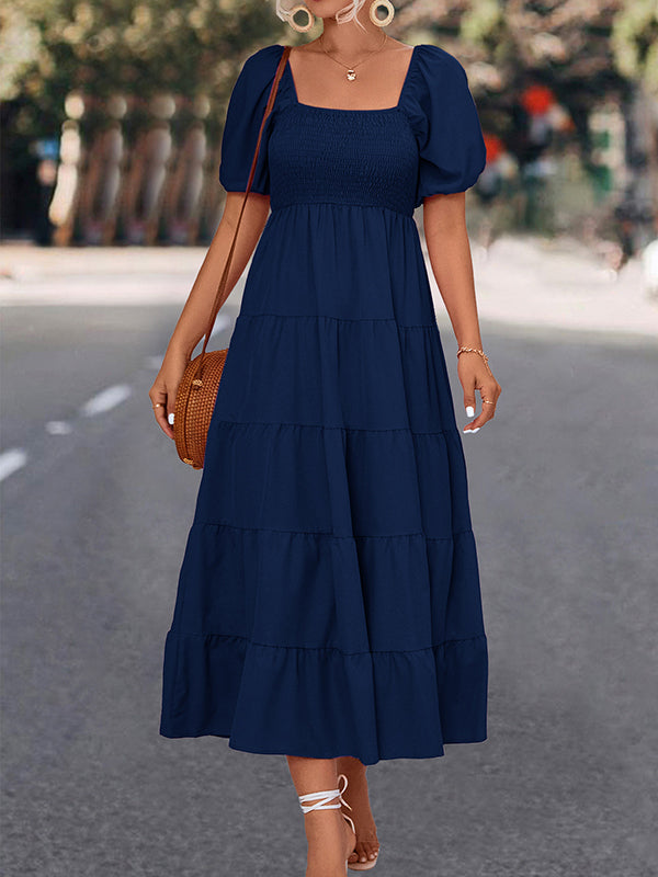 Momentlover Split-Joint Solid Color Pleated Elasticity Short Sleeves High Waisted Square-neck Midi Dresses