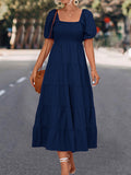 Momentlover Split-Joint Solid Color Pleated Elasticity Short Sleeves High Waisted Square-neck Midi Dresses