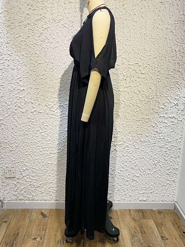 Momentlover Split-front Solid Color Loose Batwing Sleeves Deep V-Neck Maxi Dresses