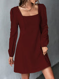 Momentlover Split-Joint Solid Color Puff Sleeves Long Sleeves Square-Neck Mini Dresses