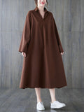 Momentlover Solid Color Buttoned Loose Long Sleeves V-Neck Shirt Dress Midi Dresses