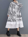 Momentlover Split-Joint Printed Buttoned Asymmetric Loose Long Sleeves Lapel Midi Dresses
