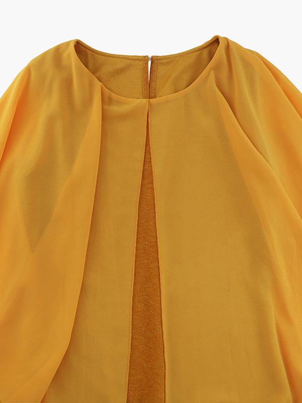 Momentlover Split-Joint Solid Color See-Through Gauze Loose Half Sleeves Mini Dresses