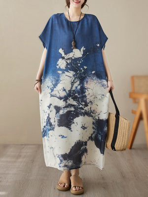 Momentlover Printed Short Sleeves Loose Round-neck Maxi Dresses
