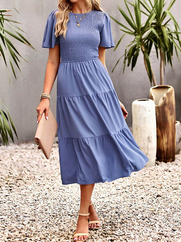 Momentlover Solid Color Elastics Short Sleeves Loose Round-neck Midi Dresses