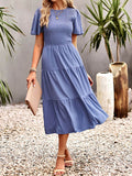 Momentlover Solid Color Elastics Short Sleeves Loose Round-neck Midi Dresses
