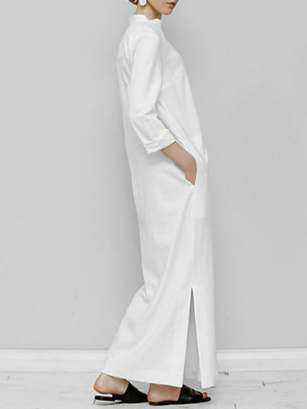 Momentlover Split-Joint Solid Color Plus Size Loose V-Neck Maxi Dresses