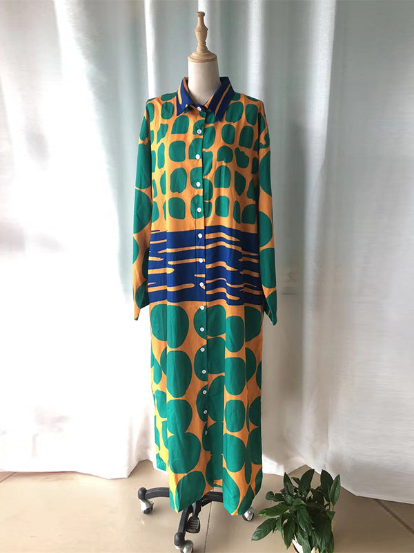 Momentlover Printed Buttoned Loose Long Sleeves Lapel Shirt Dress Maxi Dresses