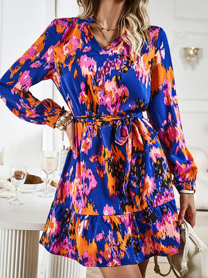 Momentlover Tied Waist Split-Joint Printed Loose Long Sleeves V-Neck Mini Dresses