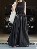 Momentlover Split-Joint Solid Color Pleated Sleeveless Loose Round-Neck Maxi Dresses