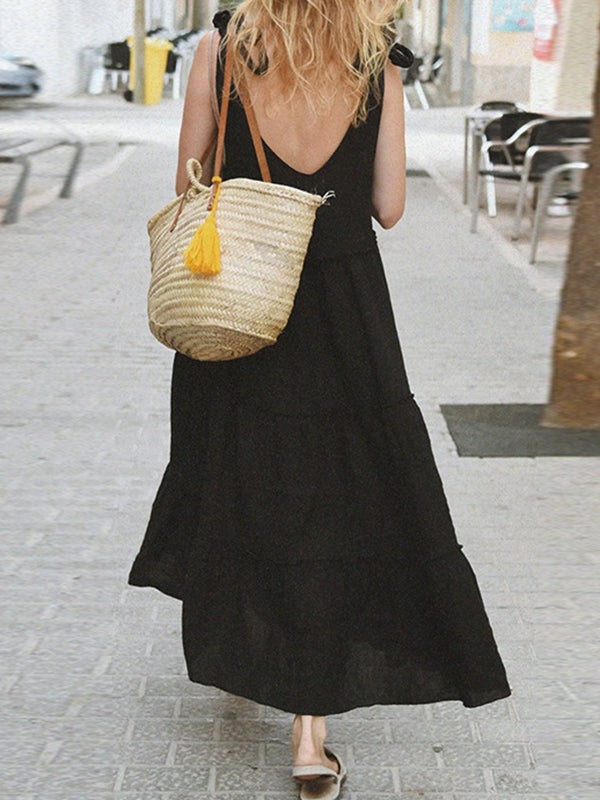 Momentlover Solid Color Sleeveless Loose V-Neck Midi Dresses