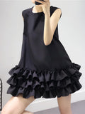 Momentlover Zipper Split-Joint Solid Color Falbala Sleeveless Loose Round-Neck Mini Dresses