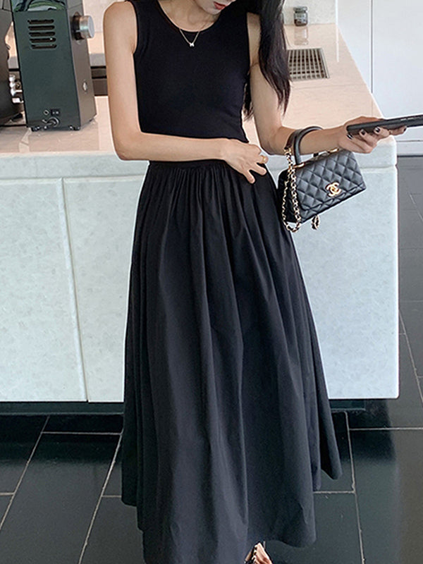 Momentlover Split-Joint Solid Color Pockets Pleated Sleeveless High Waisted Round-Neck Midi Dresses