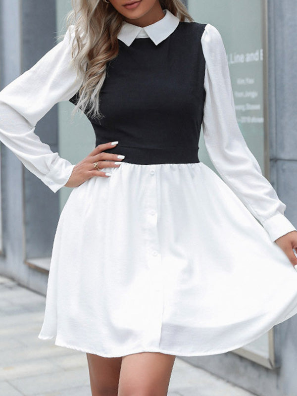 Momentlover Split-Joint Hollow Buttoned Long Sleeves High Waisted Lapel Mini Dresses