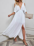 Momentlover Split-front Solid Color Loose Batwing Sleeves Deep V-Neck Maxi Dresses