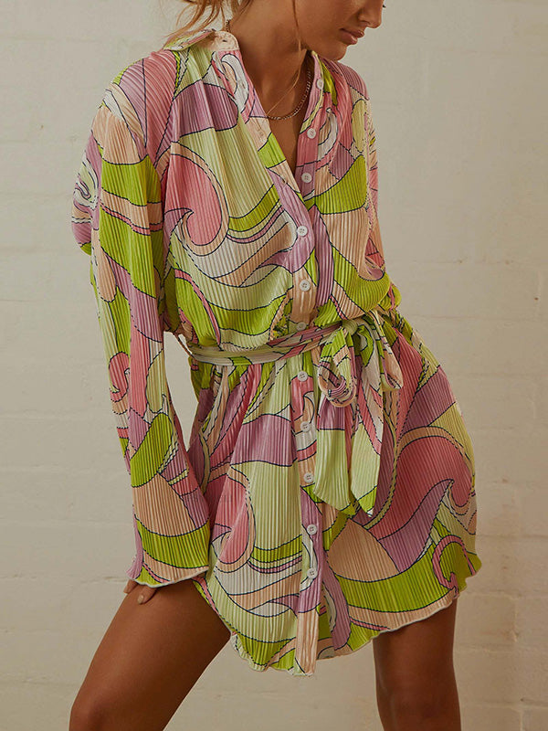 Momentlover Tied Waist Printed Pleated Buttoned Loose Long Sleeves Lapel Mini Dresses