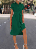 Momentlover Tied Waist Solid Color Buttoned Short Sleeves High Waisted Lapel Collar Shirt Dress Midi Dresses
