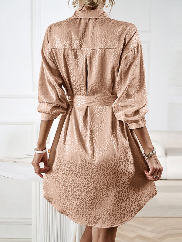 Momentlover Tied Waist Leopard Buttoned Loose Long Sleeves Lapel Shirt Dress Mini Dresses