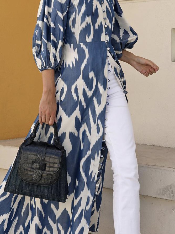 Momentlover Stylish Puff Sleeves Long Sleeves Printed Lapel Collar Shirt Maxi Dresses